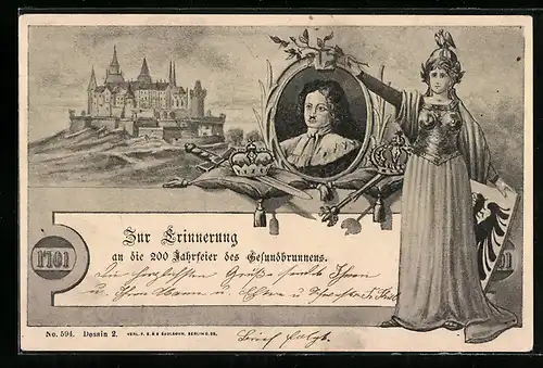 Lithographie Berlin-Wedding, Festpostkarte, 200-Jahrfeier des Gesundbrunnens 1701