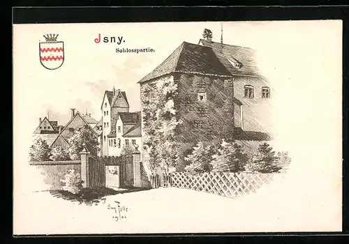 Künstler-AK Eugen Felle: Isny, Schlosspartie, Wappen