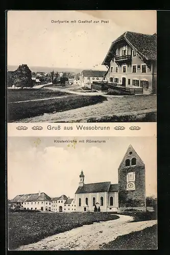 AK Wessobrunn, Gasthof zur Post, Klosterkirche mit Römerturm