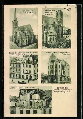 AK Düsseldorf-Bolk, Unwetter-Zerstörungen 1924, Martinskirche vor der Zerstörung, beschädigtes Haus