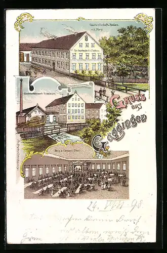 Lithographie Göggingen, Gastwirtschaft z. Radau v. A. Förg, Elektrizitätswerk