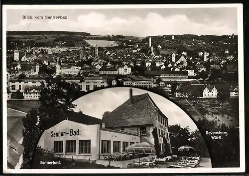 AK Ravensburg, Gasthaus Senner-Bad, Teilansicht der Stadt