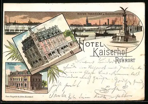 Lithographie Ruhrort, Hotel Kaiserhof, Postamt, Hafen u. Kaiserdenkmal