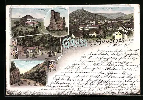 Lithographie Suderode / Harz, Gasthaus Felsenkeller, Gasthaus Stubenberg, Lauenburg