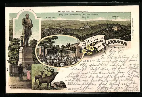 Lithographie Wernigerode, Gasthaus zur Harburg, Bismarck-Denkmal auf der Habsburg