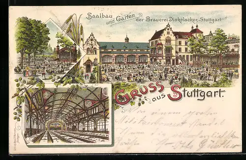 Lithographie Stuttgart, Restaurant, Saalbau und Garten der Brauerei Dinkelacker, Innenansicht