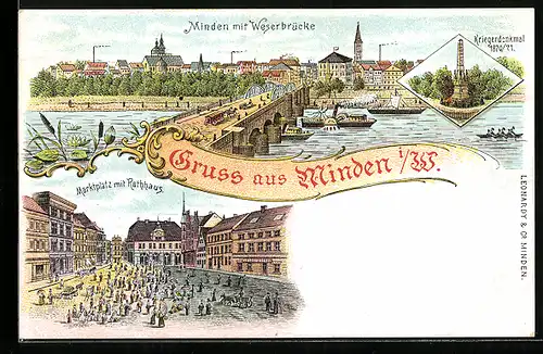 Lithographie Minden i. W., Ortsansicht mit Weserbrücke, Kriegerdenkmal, Marktplatz
