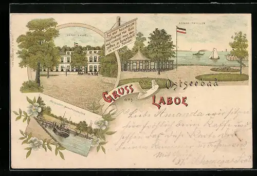 Lithographie Laboe, Hotel Laboe, Dampferbrücke, Strand-Pavillon