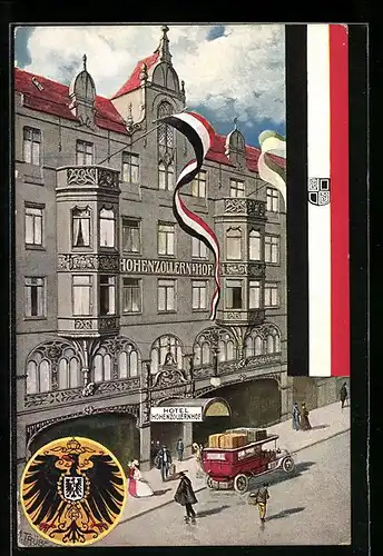 Künstler-AK Dresden, Hotel Hohenzollernhof, Inh. Georg Dressel, Wappen und Flagge