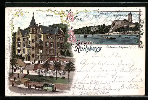 Lithographie Halle a/Saale, Gasthaus Reilsburg, Burg Giebichenstein