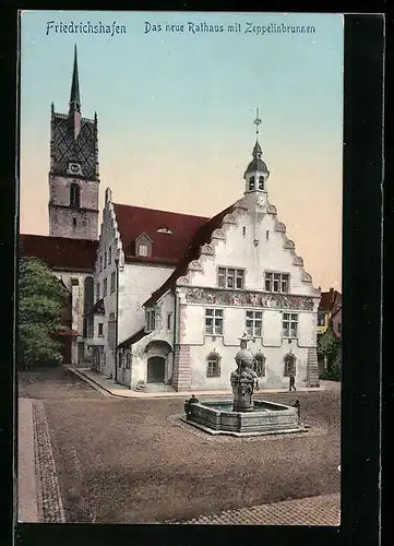 AK Friedrichshafen, Das neue Rathaus mit Zeppelinbrunnen