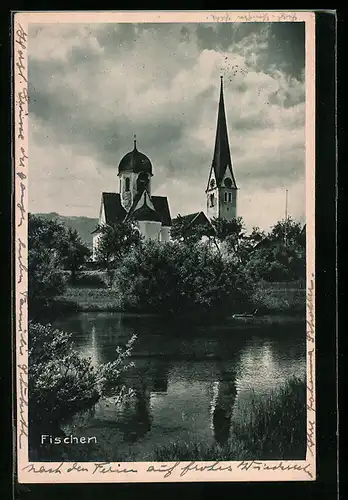 AK Fischen, Teilansicht mit Kirchturm
