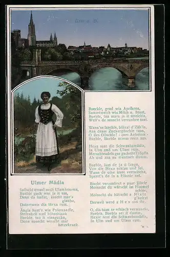 AK Ulm a. D., Münster, Teilansicht mit Münster und Brücke, Ulmer Mädle