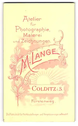 Fotografie M. Lange, Colditz i. S., Fürstenweg, rückseitige Ansicht, Junge Dame mit Buch