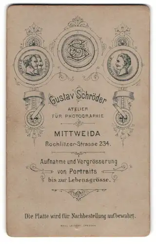 Fotografie Gustav Schröder, Mittweida, Rochlitzer-Strasse 234, rückseitige Ansicht, Vorderseitig: Apartes Fräulein