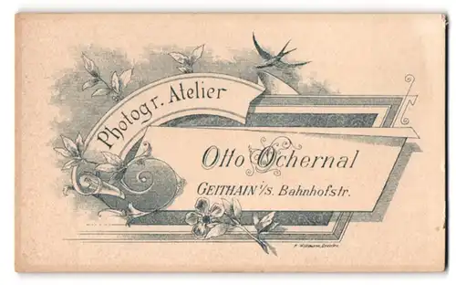 Fotografie Otto Ochernal, Geithain i. S., Bahnhofstrasse, rückseitige Ansicht, Vorderseitig: Dame im Puffärmelkleid