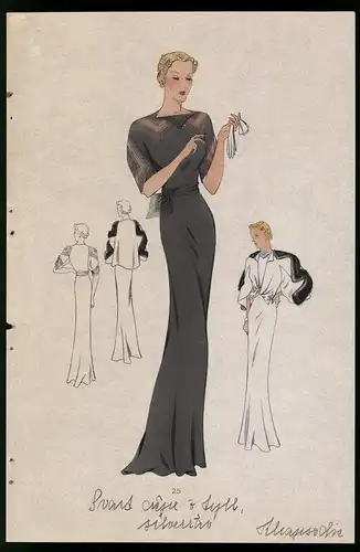 Modeentwurf Art Deco 1937, Blondes Pin-Up Girl im langen Abdendkleid, Lithograpie Atelier Bachwitz, Wien, 33 x 22cm