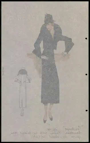 Modeentwurf Art Deco 1934, Dame im Mantel mit Nadelstreifen & Pelzkragen, Lithograpie Atelier Bachwitz, Wien