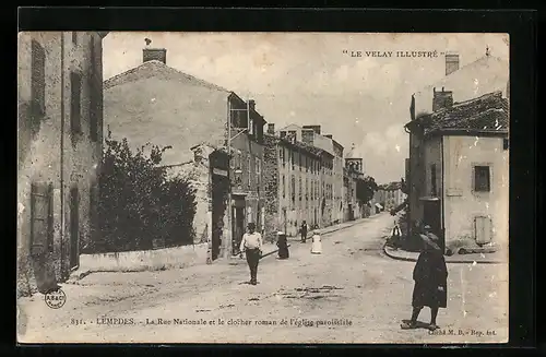 AK Lempdes, La Rue Nationale et le clocher roman de l`église paroissiale