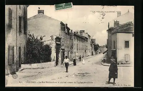 AK Lempdes, La Rue Nationale et le clocher roman de l`église paroissiale