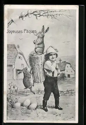 AK Junge mit Osterhase im Korb
