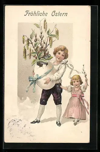 AK Geschwister mit Weidenkätzchen in einer Eierschale, Ostern