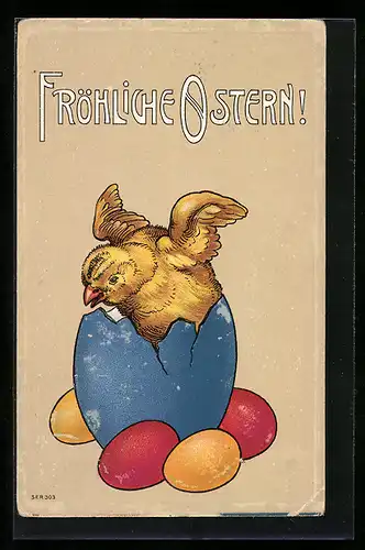 AK Osterküken in einer Eierschale