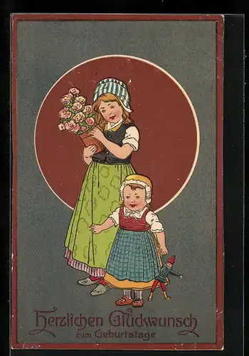 Lithographie Glückwunsch zum Geburtstage, Kinder in traditioneller Kleidung