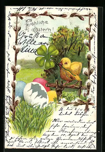 AK Fröhliche Ostern!, Osterküken mit Klee