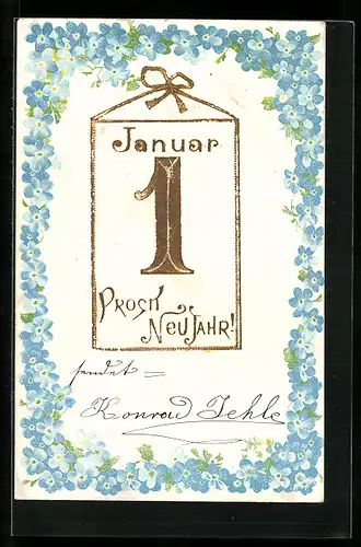 AK Kalenderblatt zu Neujahr, Vergissmeinnicht