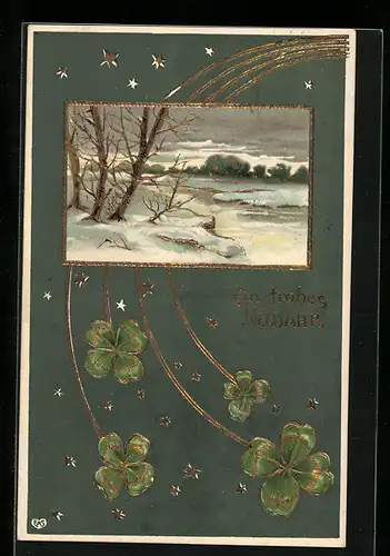 AK Verschneite Winterlandschaft, Kleeblätter zu Neujahr