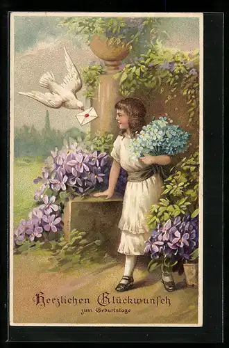 AK Mädchen mit Blumen zum Geburtstag