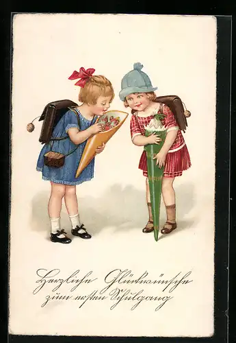 AK Mädchen mit Schultüten zum Schulanfang