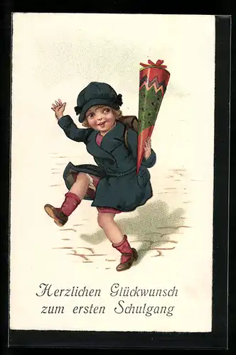 AK Jubelndes Mädchen zum Schulanfang