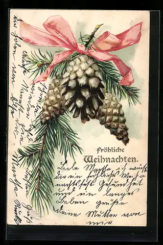 AK Tannenzweig mit Tannenzapfen, Fröhliche Weihnachten
