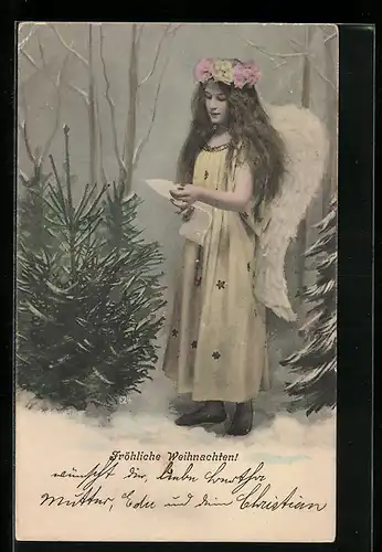 AK Weihnachtsengel mit Wunschzettel im Winterwald