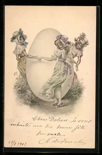 Künstler-AK Damen tanzen um ein Ei, Ostergruss