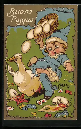 AK Kind mit Ostereiern und Gans zu Ostern