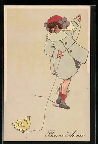 AK Mädchen mit Osterküken an der Leine