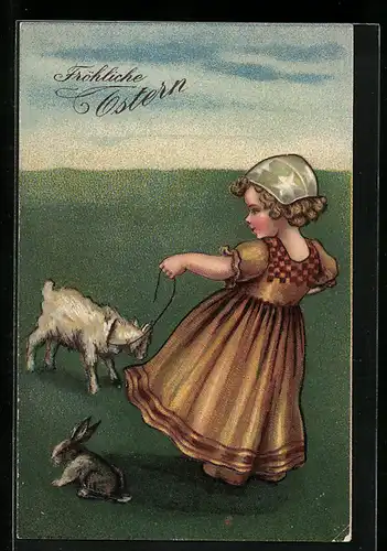 AK Frohes Osterfest, Kleines Mädchen mit Lamm und Osterhasen