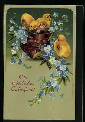 AK Osterküken mit Vergissmeinnicht