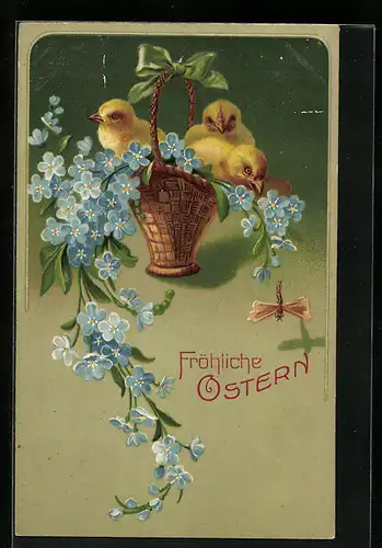 AK Osterküken im Korb mit Vergissmeinnicht