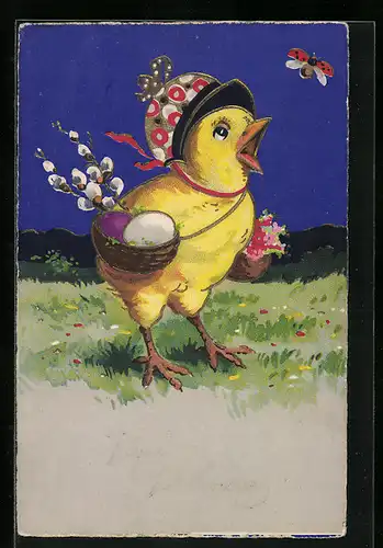 AK Osterküken mit Korb Ostereier