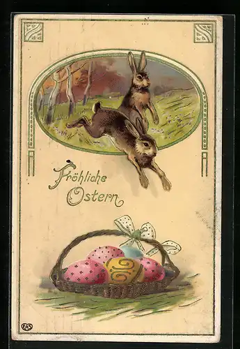 AK Osterhasen am Waldesrand mit bemalten Eiern in einem Korb