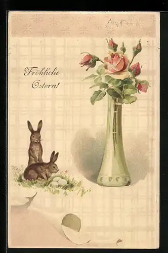AK Osterhasen neben Vase mit Rosen