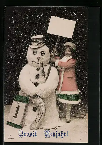 AK Mädchen mit Schneemann zu Neujahr