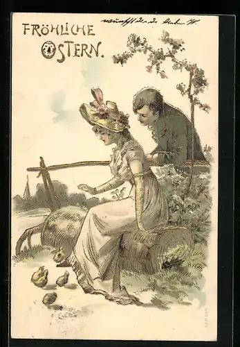 AK Junge Dame beobachtet Osterküken