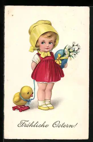 AK Osterküken neben Mädchen mit Osterei