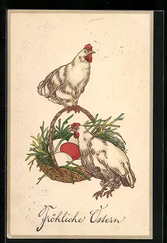 AK Henne sitzt auf dem Griff eines Korbes in dem Eier liegen, Ostern