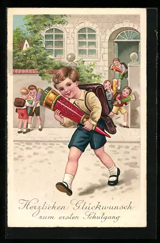 AK Freudiger Junge mit Schultüte zum Schulanfang